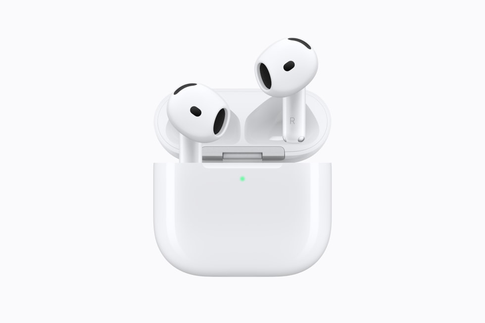 Apple AirPods 5 earbuds and charging case, official product photo