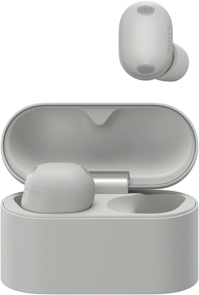Sony WF-1000XM6 earbuds and charging case in platinum silver, Amazon product photo